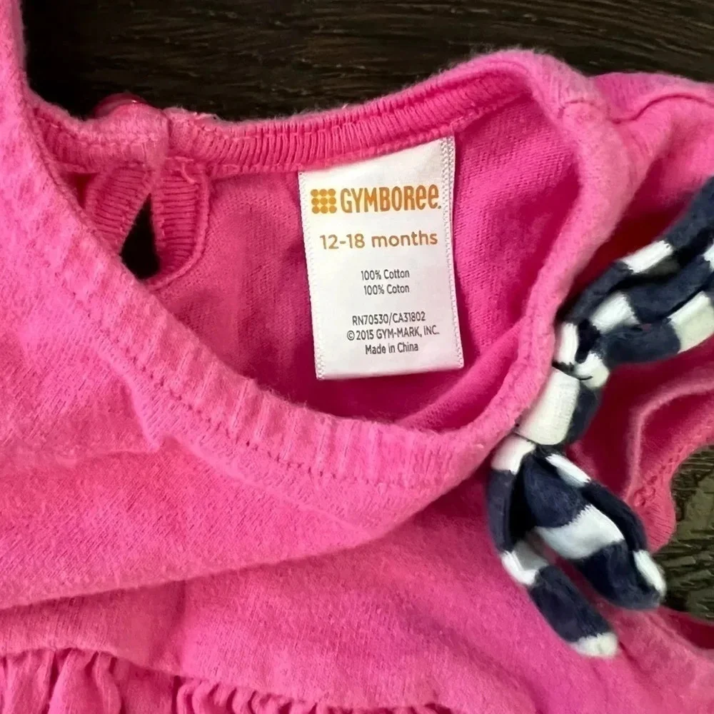 Gymboree tiered ruffle pink top girls size 12-18 month shirt with navy white bow
